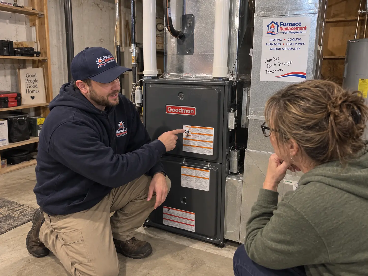 Technician explaining a newly installed high-efficiency furnace to a homeowner
