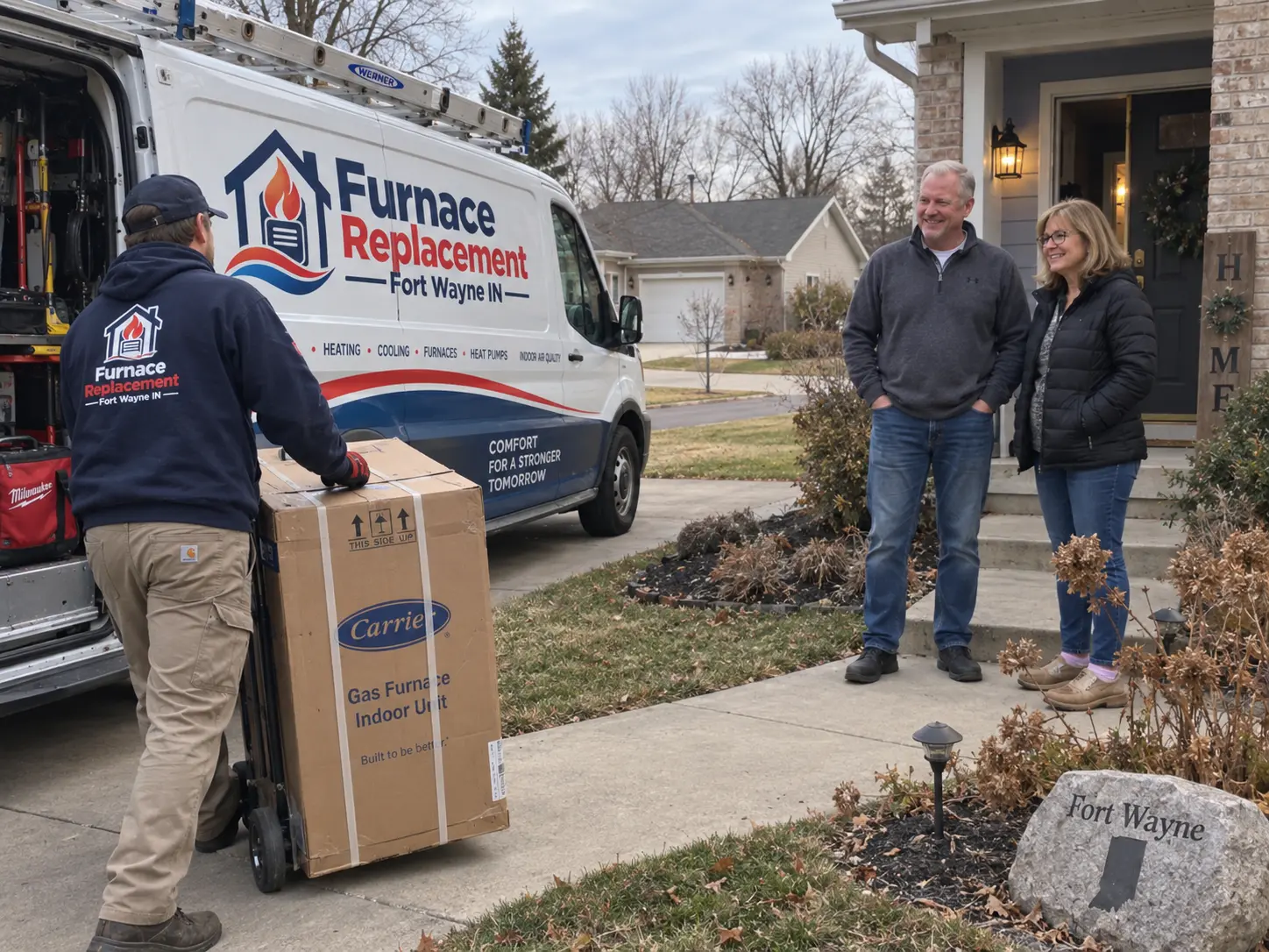 New gas furnace being delivered to a Fort Wayne-area home on a hand truck