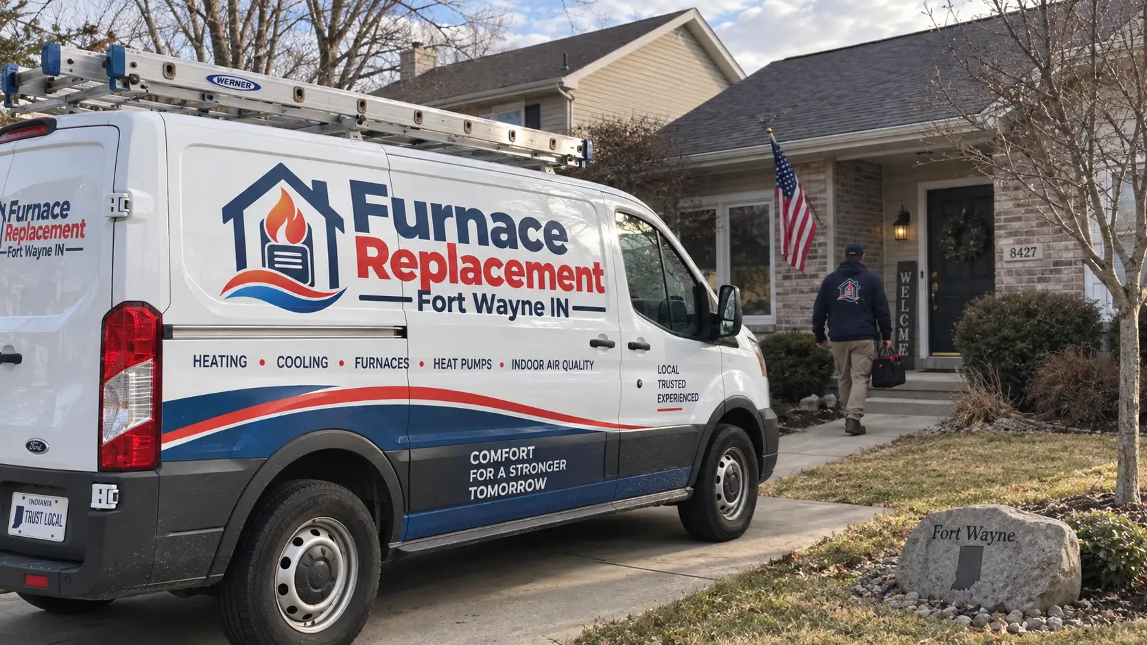 Furnace Replacement Fort Wayne IN service van parked at a Fort Wayne-area home for a residential furnace replacement