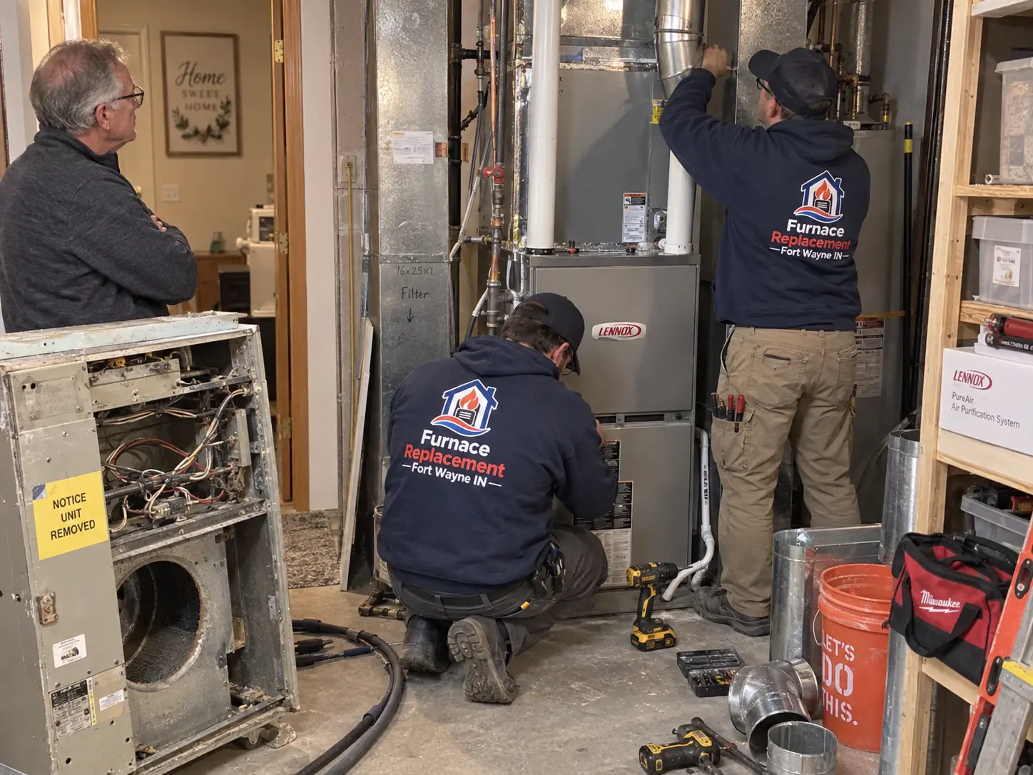 Old furnace cabinet removed while a replacement furnace is installed and connected