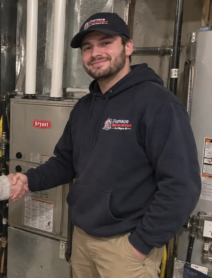 Homeowner walkthrough beside a newly installed residential furnace